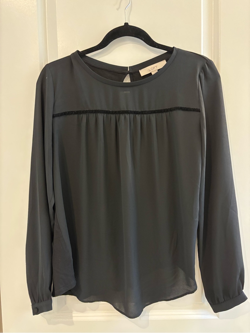 LOFT Long-Sleeve Pleated Yoke Mixed Media Top with Velvet Trim in Black